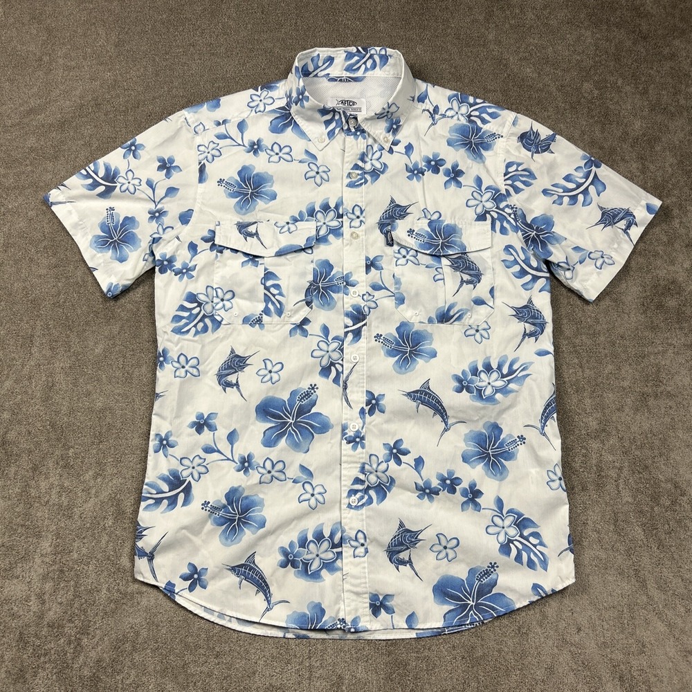 AFTCO Shirt Mens Medium Vented Button Down White Blue Floral Outdoor Fishing